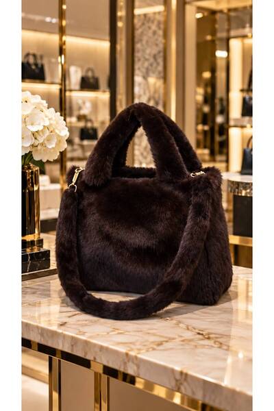 HAZAL KAYA ATELIER Burgundy Soft Textured Plush Strap Women's Bag 22X26 cm