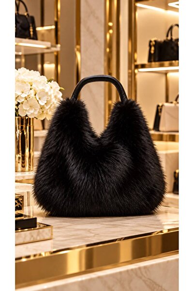 HAZAL KAYA ATELIER Black Faux Leather Handle Plush Women's Bag 27X30 cm