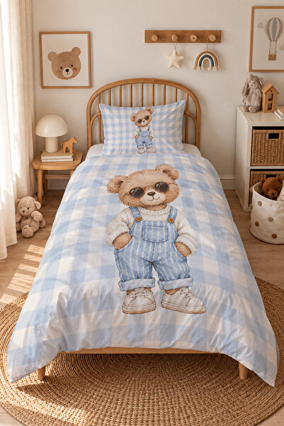 Mavi Ekose Cool Teddy Ayıcık Çocuk Nevresim Takımı