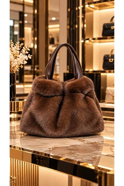 HAZAL KAYA ATELIER Coffee Faux Leather Soft Textured Plush Women's Bag with H...