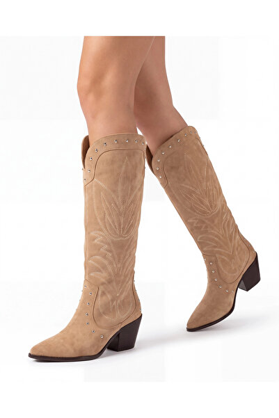 Tibu Ayakkabı Western Serafina Mink Suede Studded Boots