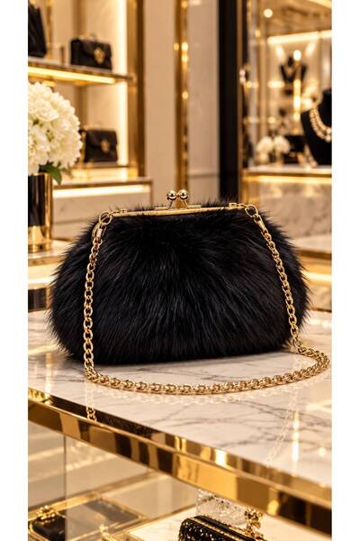 HAZAL KAYA ATELIER Black Soft Textured Plush Chain Strap Women's Bag 17X25 cm