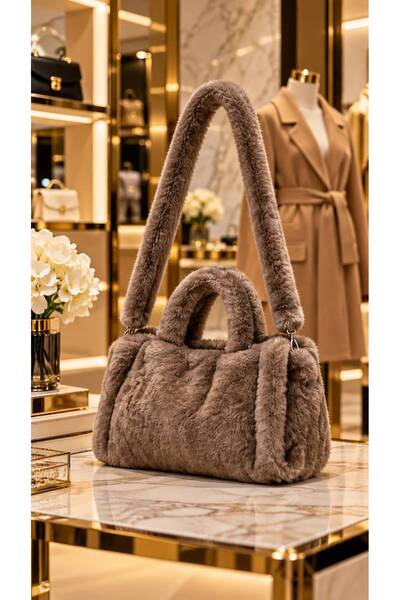 HAZAL KAYA ATELIER Mink Soft Textured Plush Strap Women's Bag 22X26 cm