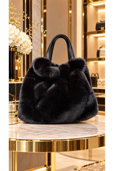 HAZAL KAYA ATELIER Soft Textured Plush Women's Bag with Black Faux Leather Ha...