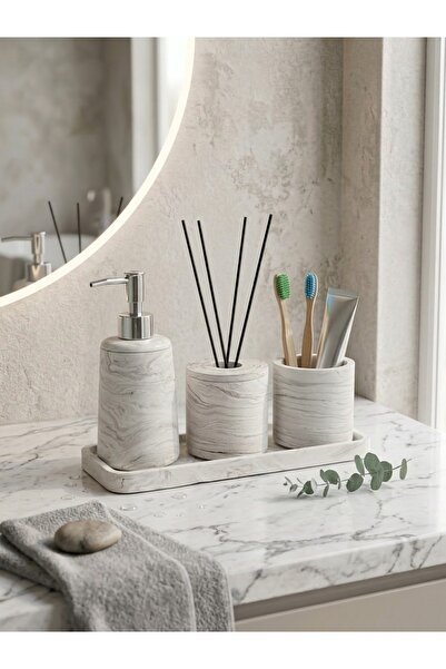 ALPİ HOME 4’lü kare tepsili silindir kahve mermer desenli banyo seti