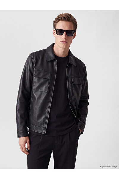 LC Waikiki Nevavm Farkıyla Southblue Black Regular Fit Men's Leather Look Coat