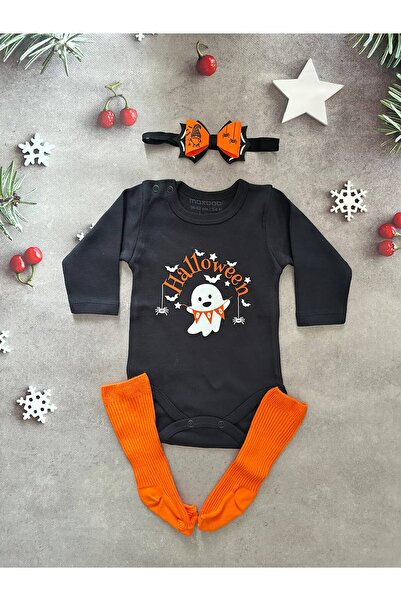 Halloween Cadılar Bayramı Turuncu Toka Bandana Bebek Zıbın Turuncu Çorap Siyah Zıbın