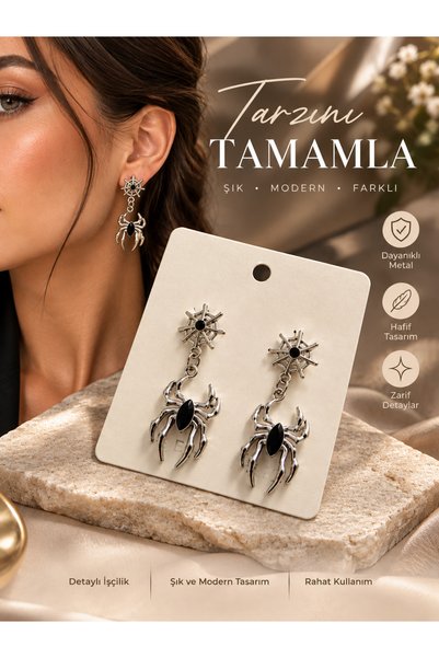 karmabijuteriaksesuar Silver Color Spider Figured Black Stone Dangle Earrings