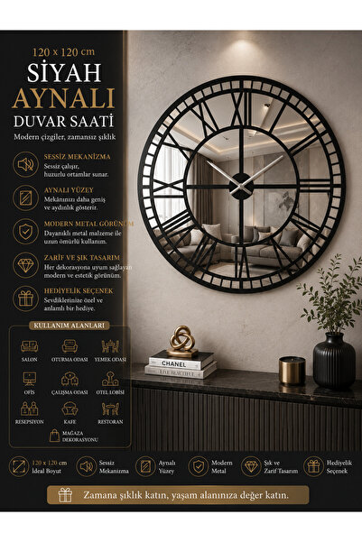 INURA GLOBAL Siyah Aynalı 120 x 120 cm Duvar Saati