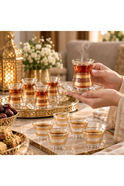 Byblos Luxury 18Pcs Golden Decor Arabic Tea & Coffee Set - 6 Tea Cups with 6 ...