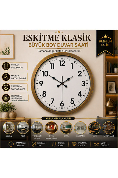 INURA GLOBAL Eskitme Klasik Büyük Boy 80 cm Metal Duvar Saati