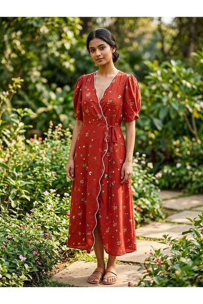 SOL BY SMITHA Rust Floral Wrap Dress