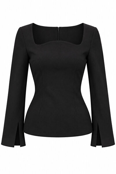 HAZELANNA Oval Yakalı Siyah Bluz