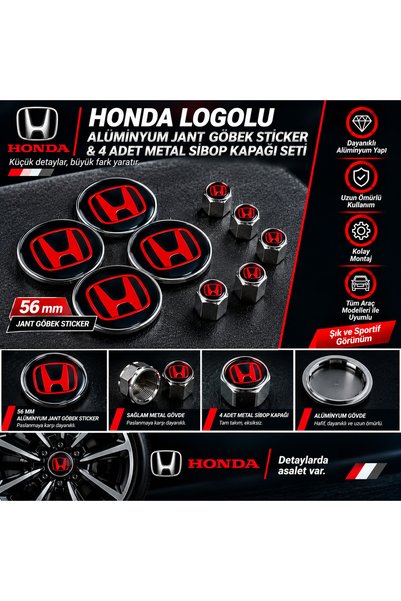İKTUNING HONDA LOGOLU 56 MM ALÜMİNYUM JANT GÖBEK STICKER & 4 ADET METAL SİBOP...