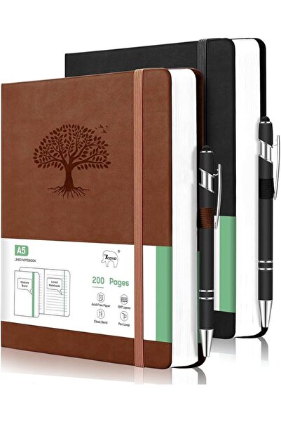 GENERAL 2-Pack A5 Hardcover Leather Notebooks with 2 Pens, Lined Notebook,200...