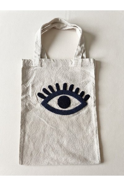MOJOMIX Handmade Gray Color Eye Punch Embroidery Linen Multi-Purpose School/Beach/Travel Shoulder Bag 33*44 cm