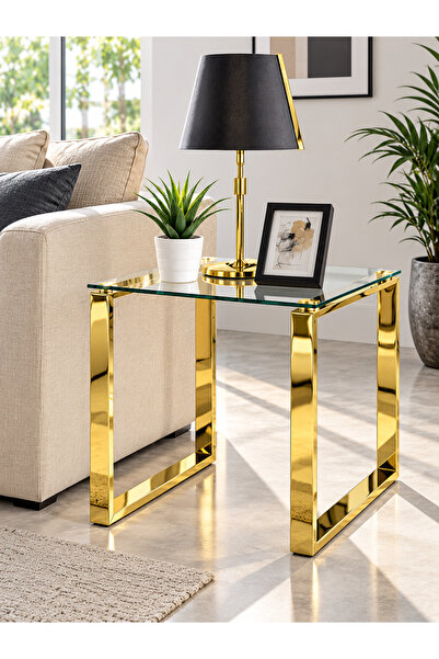 Gold Titanyum Kaplama Krom Ayaklı Kare Sehpa-Modern Temperli Cam Yan Sehpa – Paslanmaz 304 Kalite