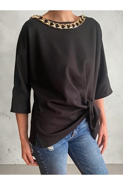 BEBE PLUS Asymmetrical and Draped Tie-Up Blouse with Gold Chain Detail