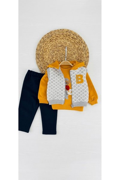 KAYAKİDS Baby Boy 3-Piece Tracksuit Set with Teddy Bear Vest Hooded Sweatshir...