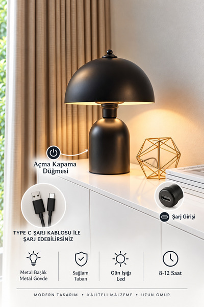 FKLIGHT Şarjlı Metal Gövdeli Siyah Masa Lambası Abajur Gün Işığı (12 SAAT YAN...