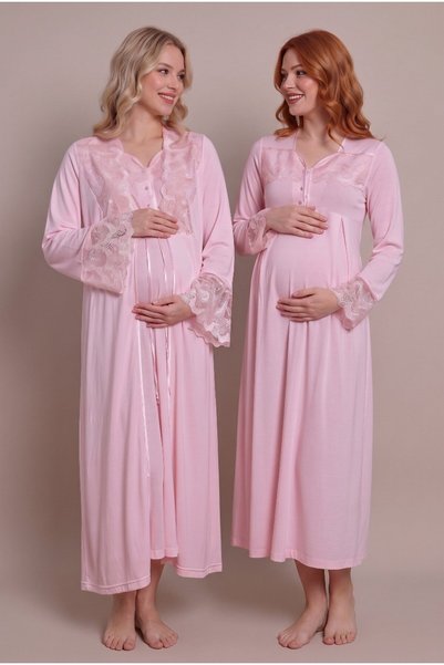 Pelin Women's Powder Lace Long Sleeve Nursing Detailed Maternity Pajama Set w...
