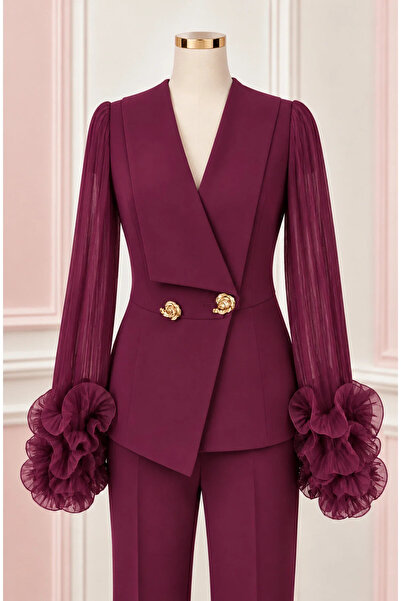 Divin store compleu elegant pruna cu mâneci din organza plisată cu volănașe și sacou