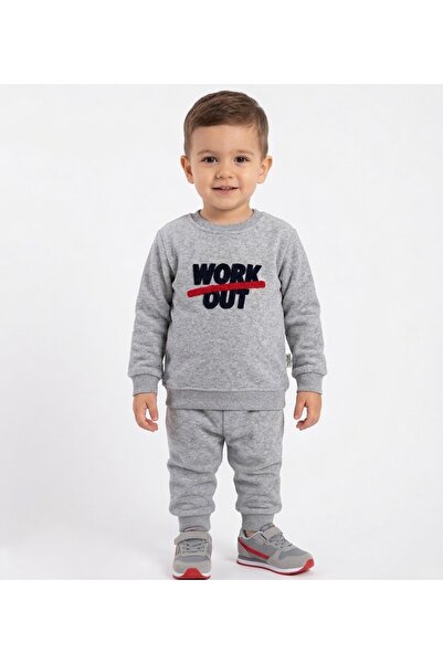 Erkek Çocuk 3 İplik Pamuklu WORK OUT Baskılı Eşofman Takımı [3-6 Yaş] Kışlık Kalın Sweatshirt Jogger Alt ÜstKreş Kombin Seti | Yeni Sezon Premium Kalite Günlük Rahat Spor Çocuk Giyim Elbisesi