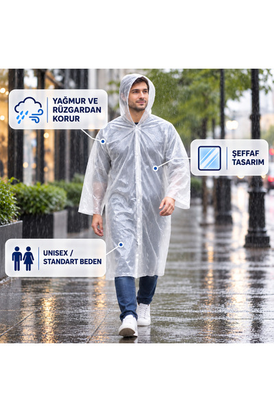 Genel Markalar TEK KULLANIMLIK PE ŞEFFAF YAĞMURLUK ''YAĞMUR VE RÜZGARDAN KORU...