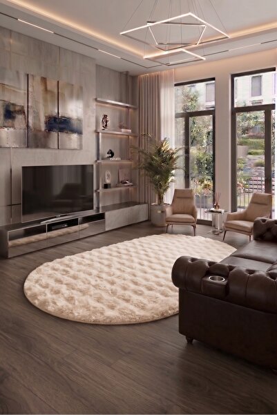 SOFT DECOR Krem Kaymaz Taban Bubble Kesme Oval Yolluk Tozumaz Yumuşak Dokulu ...