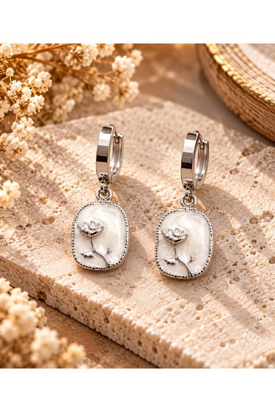 Bluw Jewelry أقراط فولاذية متدلية على شكل وردة روزيل