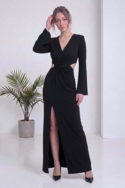 zks grup tekstil Women's V-Neck Brooch Detailed Slit Spanish Sleeve Crepe Dre...