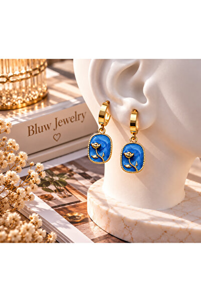 Bluw Jewelry أقراط فولاذية متدلية على شكل وردة روزيل