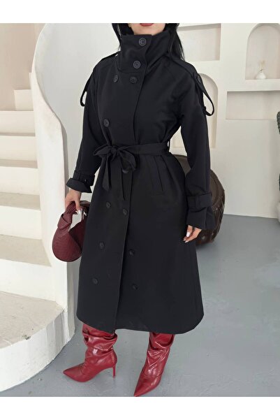 VESS MODA معطف طويل مقاوم للماء مع أزرار كاملة من الأمام وتفاصيل ياقة عالية و...