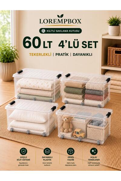 LOREMPBOX 60 L Tekerlekli Kilitli Saklama Kutusu 4’lü Set Şeffaf, İstiflenebi...