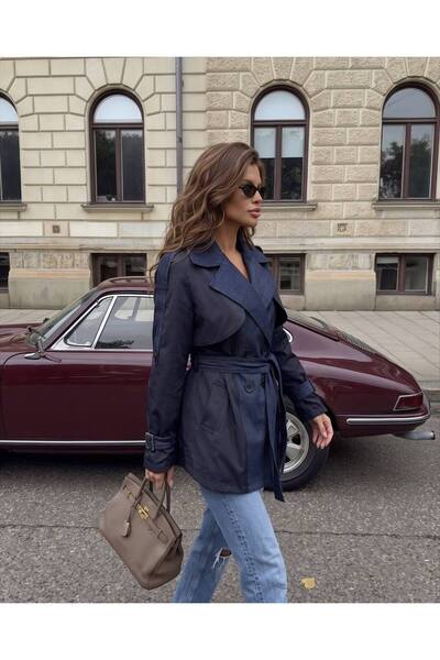 asyadabutik Trenci de damă cu design special, cu curea și detalii din denim