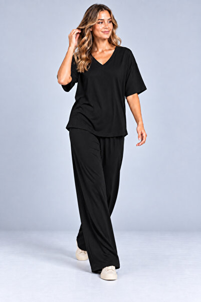 moda wanilia Women's V-Neck Casual Viscose Two-Thread Blouse and Wide-Leg Pan...