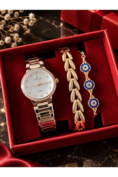 Arzu Butik Kadın Kol Saati ve Bileklik 3’lü Hediye Seti Nazar Boncuklu Gold