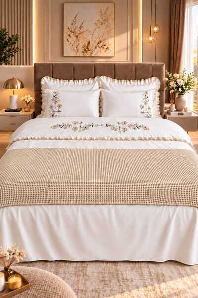 İK TEKSTİL Zerdal Flora Beige Embroidered 100% Cotton 7 Piece Modern Double Duvet Cover Set