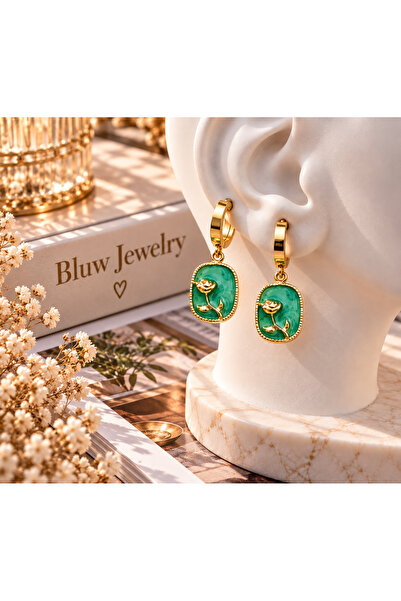 Bluw Jewelry أقراط فولاذية متدلية على شكل وردة روزيل