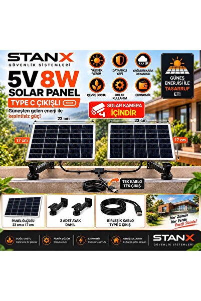 Güneş Paneli Kamera İçin 8W Solar Type-C Çıkışlı 1,5 Metre Kablolu Dış Mekân Panel Panel Ayağı Dahildir.