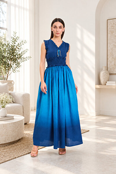 Aniqle Navy Blue Tie and Dye Cotton Maxi Dress