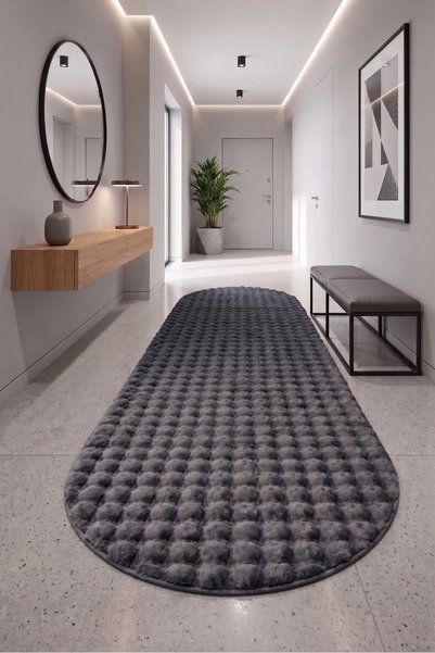 SOFT DECOR Antrasit Kaymaz Taban Bubble Oval Kesme Yolluk Tozumaz Yumuşak Dok...