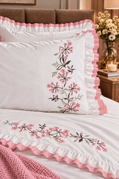 İK TEKSTİL Zerdal Flora Powder Embroidered 100% Cotton Runner 7 Piece Modern Double Duvet Cover Set