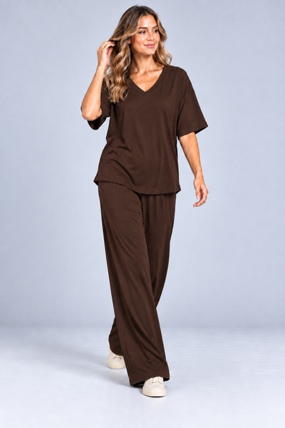 moda wanilia Women's V-Neck Casual Viscose Two-Thread Blouse and Wide-Leg Pan...