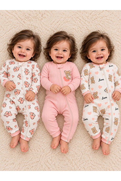 PonçiKids Premium Bebek Fermuarlı 3’lü Tulum Seti – Yumuşak Kumaş, Konforlu v...