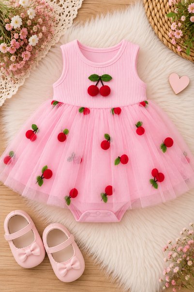 HELMİRA Baby Girl Cherry Patterned Tulle-Trimmed Dress