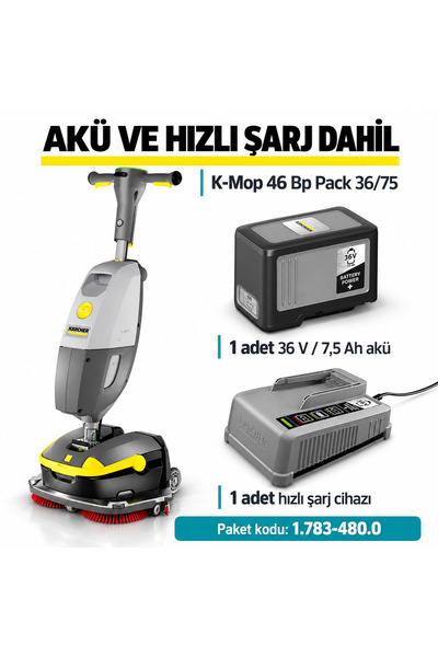 Karcher Kärcher K-Mop 46 Bp Pack 36/75 Akülü Profesyonel Zemin Yıkama ve Kurutma Makinesi, Akü ve Şarj Dahil