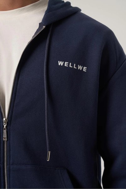 wellwe THUN Erkek Lacivert Kapüşonlu Fermuarlı Ceket