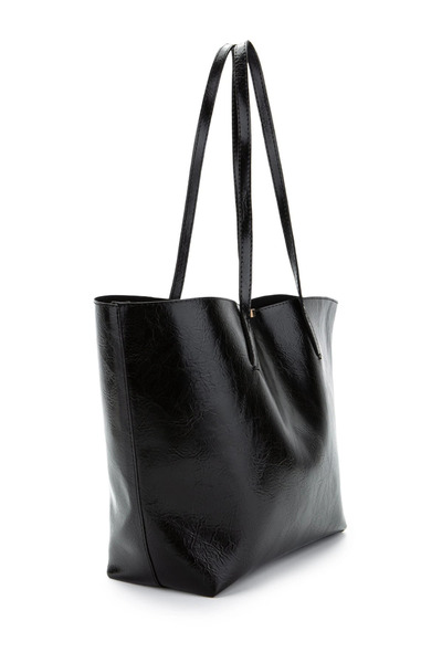 Melos Butik Women's Black Large Size Faux Leather Tote Shoulder Bag with Metal Accessory Detail