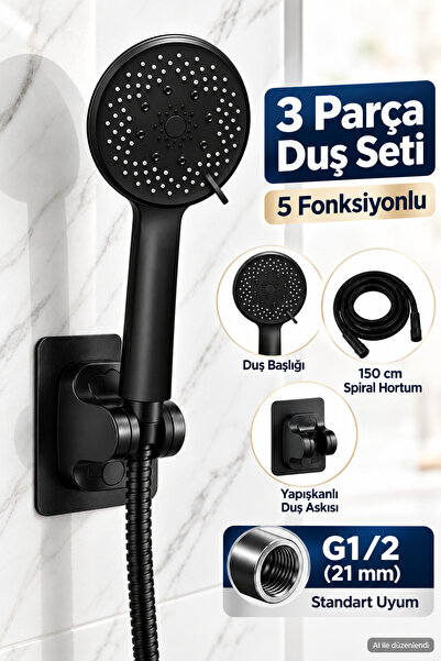 Plodna House Altıgen 5 Fonksiyonlu Siyah Duş Başlığı Seti 150 cm Spiral Hortu...